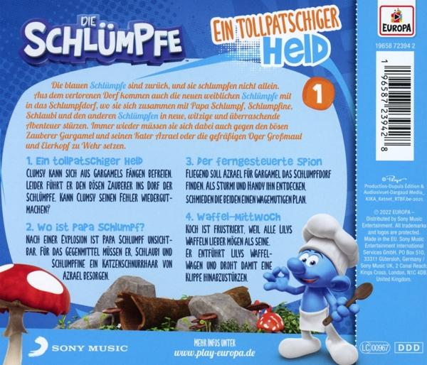 Rückseite der 'Die Schlümpfe' DVD. Es gibt Schlümpfe, eine blaue Zeichentrickfigur und Text auf Deutsch.