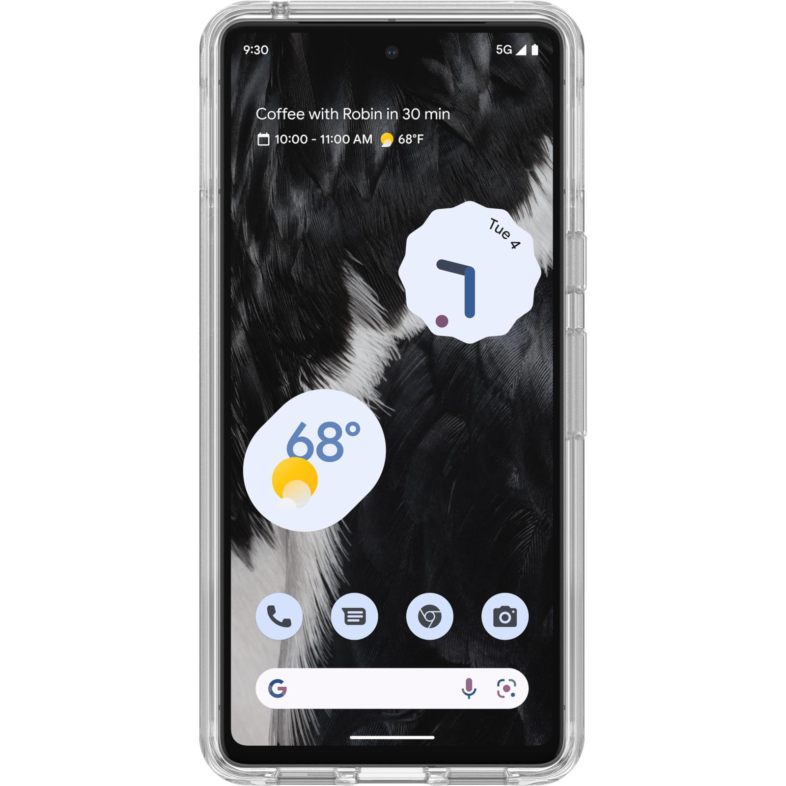 Ein Telefon zeigt Uhrzeit, Wetter und App-Symbole. Der Hintergrund ist ein verschwommenes Federbild.