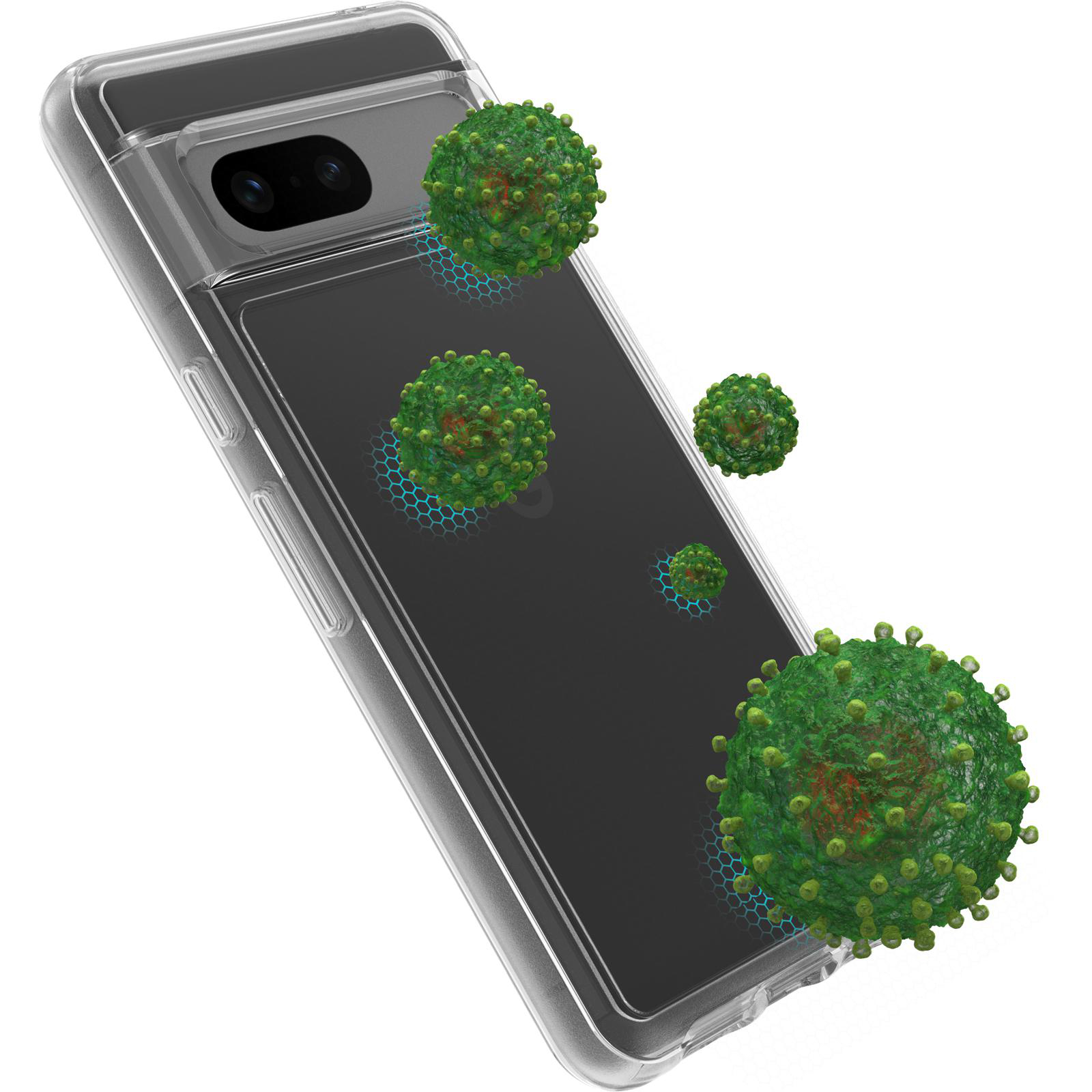 Transparente Handyhülle mit einem Telefon darin. Grüne Virusillustrationen um das Telefon.