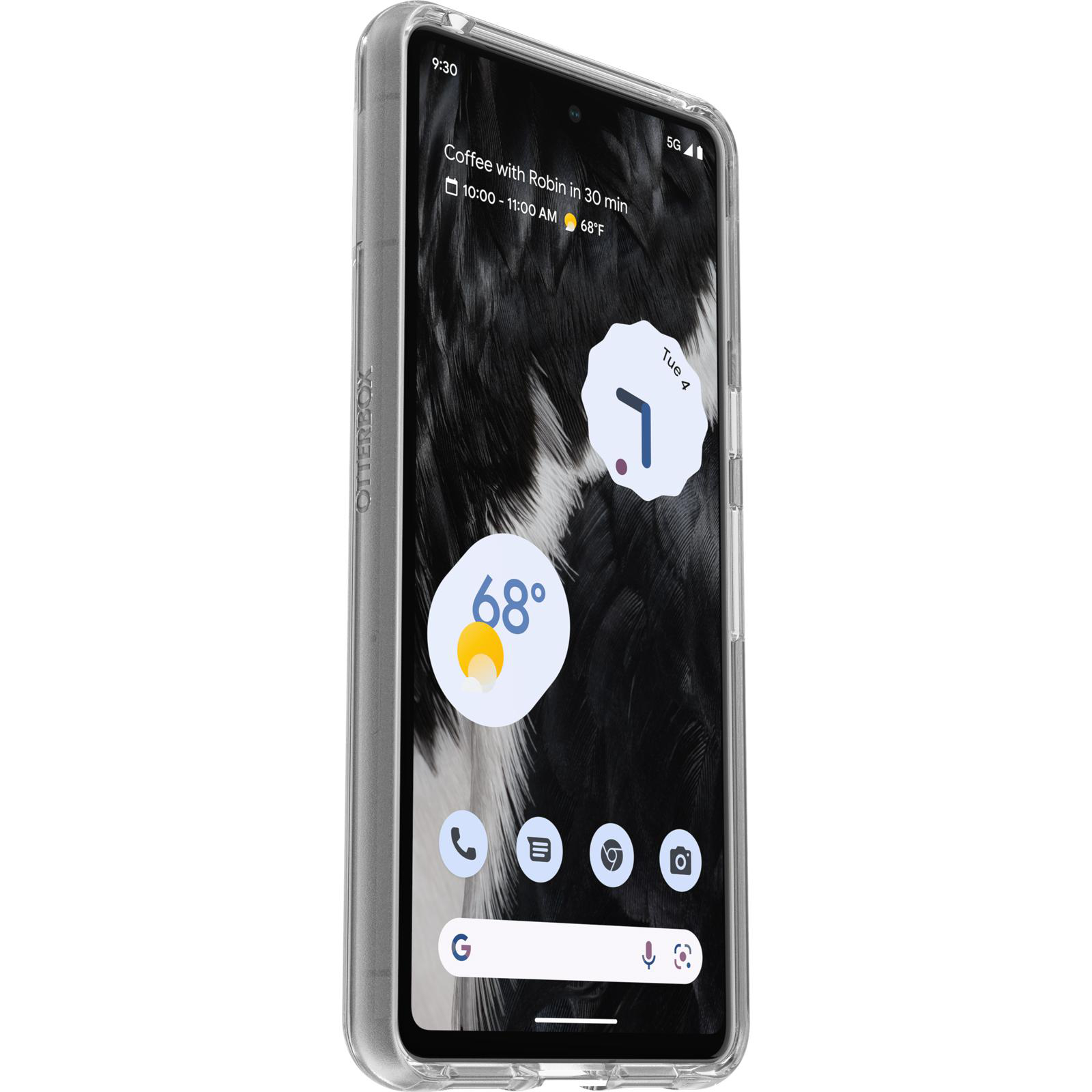 Ein Smartphone in einer durchsichtigen Hülle mit Wetteranzeige.