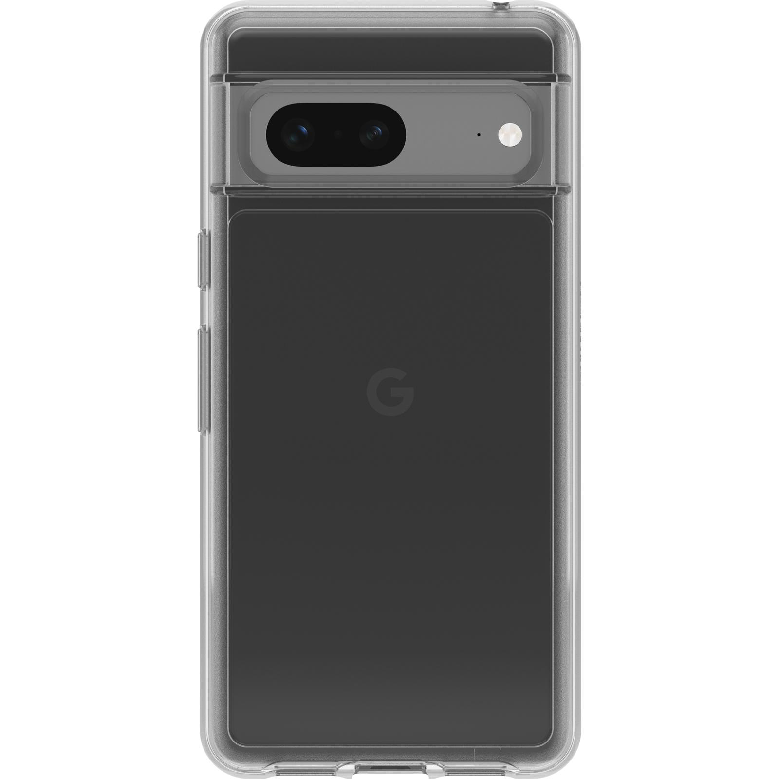 Ein Telefon in einer durchsichtigen Hülle. Das Telefon ist schwarz, mit einer Kameraleiste und dem Google-Logo auf der Rückseite.