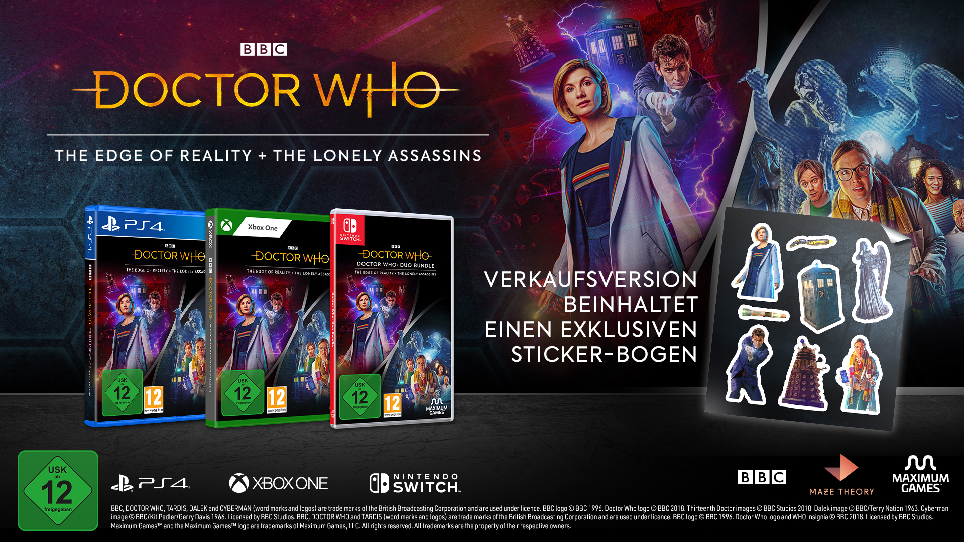 Spielboxen für Doctor Who, verschiedene Plattformen und Aufkleber.