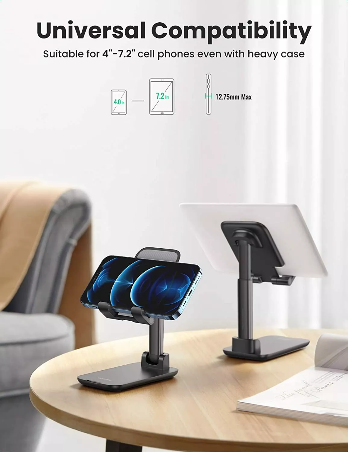 Zwei Telefonständer, die ein Telefon und ein Tablet halten. Text: Universelle Kompatibilität, geeignet für 4"-7,2" Telefone.