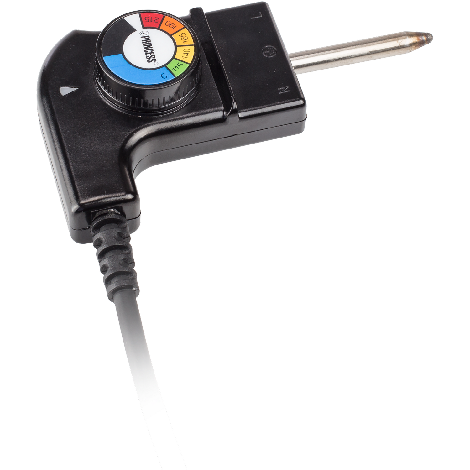 Black Princess controller with a dial and power cord. White background.