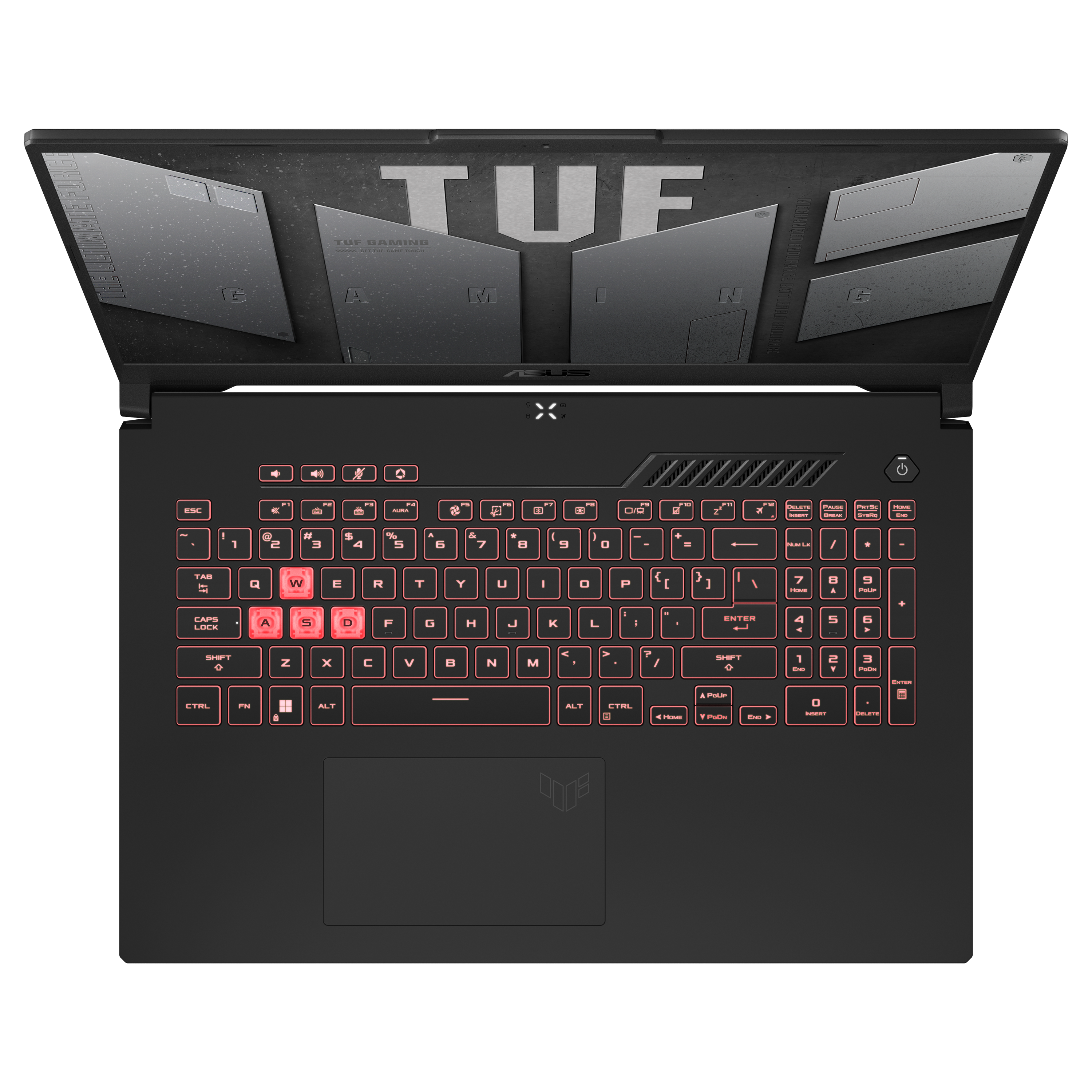 Ein schwarzer ASUS TUF Gaming Laptop mit beleuchteter Tastatur, roten WASD-Tasten und TUF Gaming Logo auf dem Bildschirm.