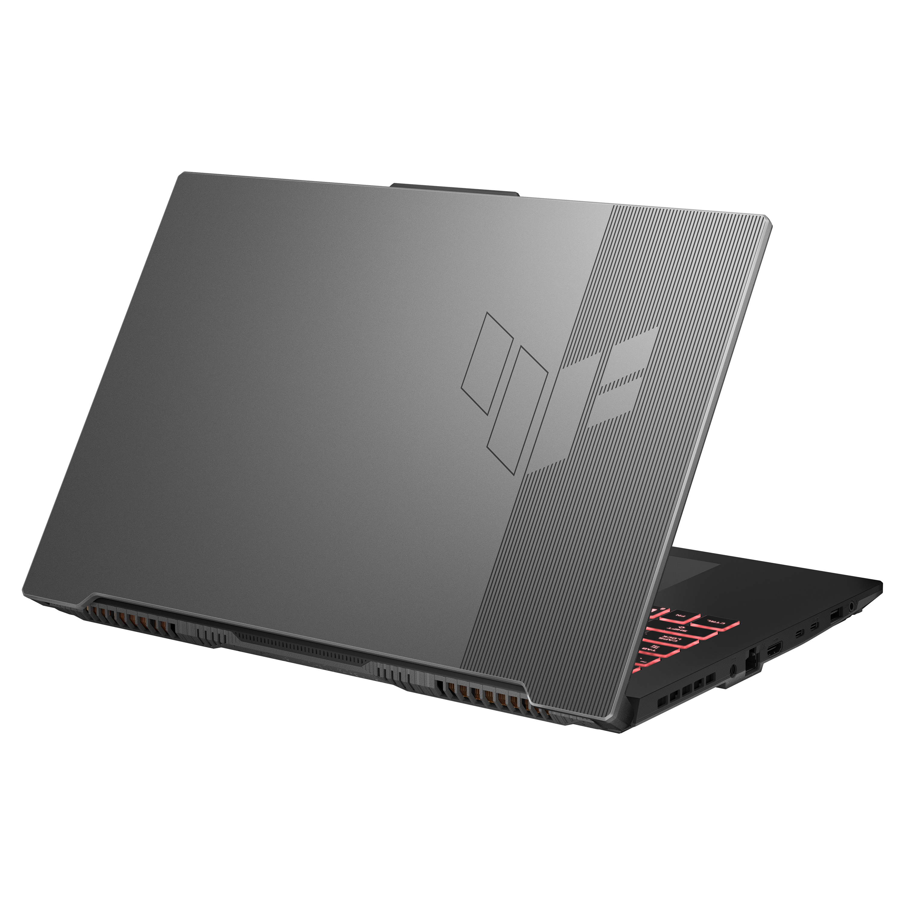Ein grauer Gaming-Laptop mit geschlossener Abdeckung und beleuchteter Tastatur vor schwarzem Hintergrund.
