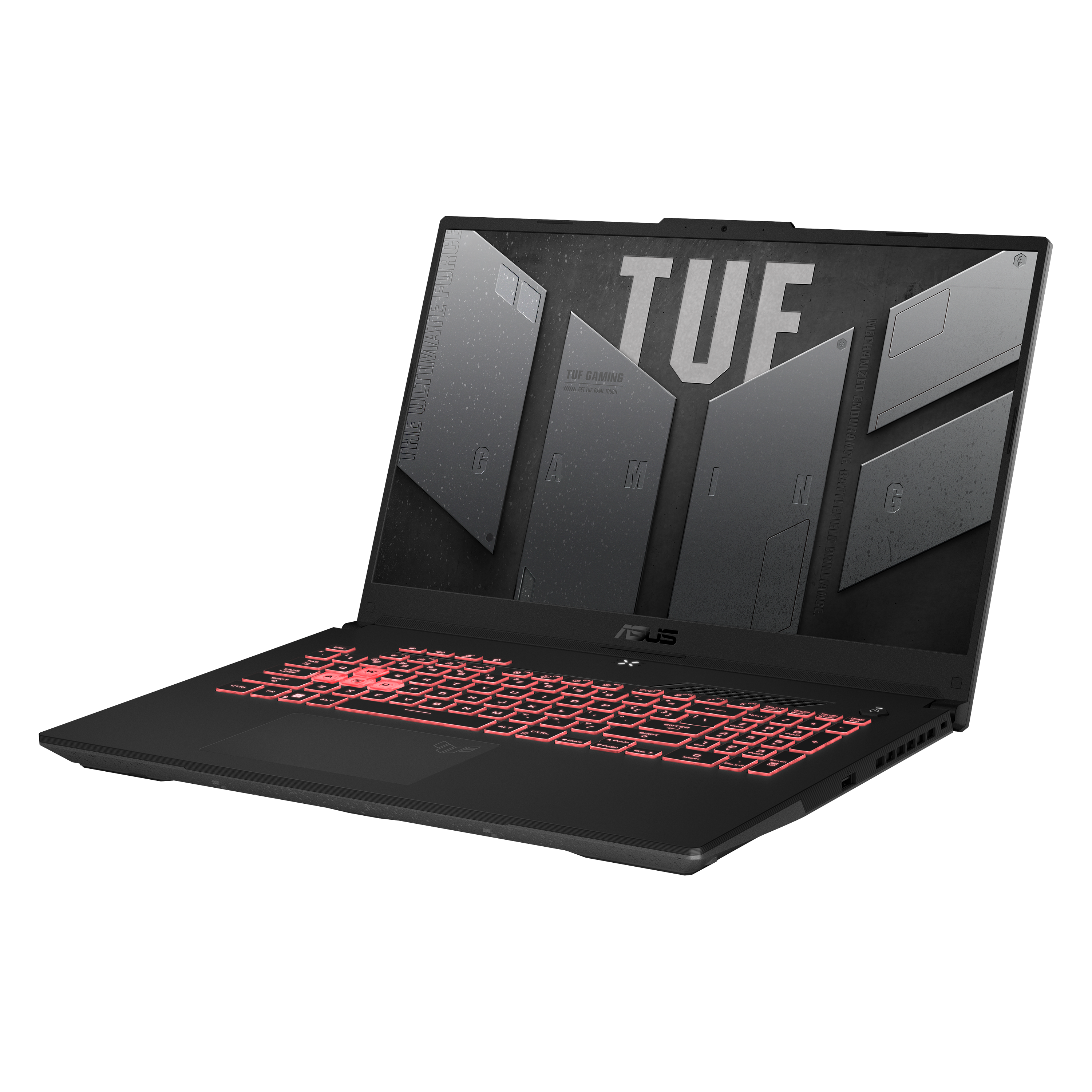 Ein schwarzer Gaming-Laptop mit roter Tastaturbeleuchtung und dem TUF Gaming-Logo auf dem Bildschirm vor schwarzem Hintergrund.