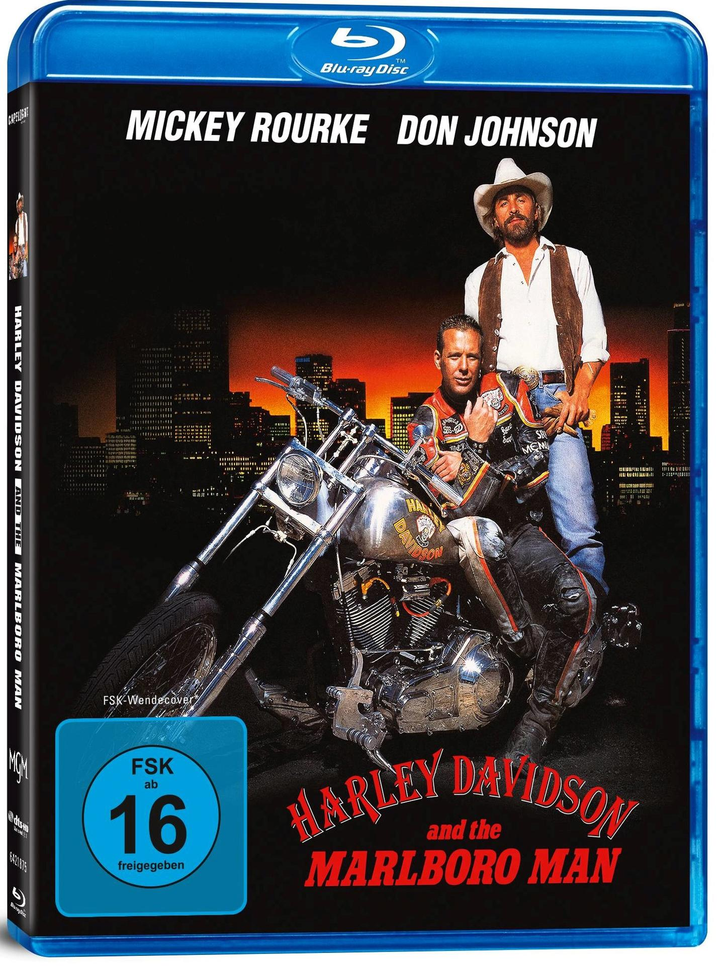 Filmcover von Harley Davidson and the Marlboro Man mit Mickey Rourke und Don Johnson auf einem Motorrad.