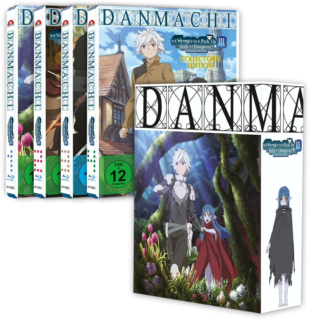 Anime-DVD-Box-Set. Mehrere Hüllen mit Charakterkunst und eine große Box.