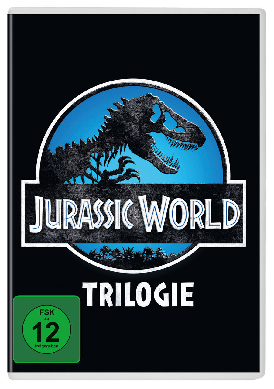 DVD-Cover der Jurassic World Trilogie. Enthält Dinosaurier-Silhouette und Logo auf schwarzem Hintergrund.