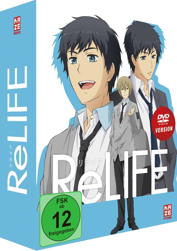 Anime-Box-Art. Drei Charaktere sind auf dem Cover mit dem Titel 'ReLIFE'.