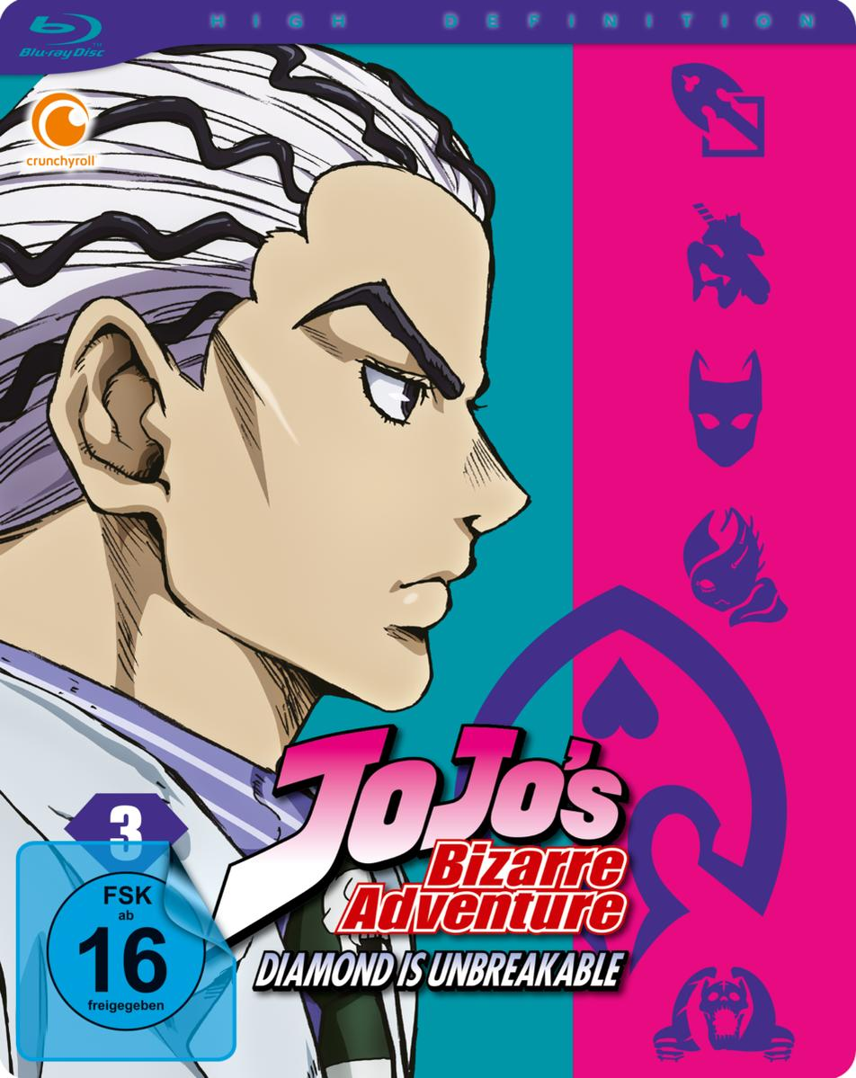 Anime Blu-ray Cover: Profil eines Mannes, pink/lila Hintergrund, 'JoJo's Bizarre Adventure'.