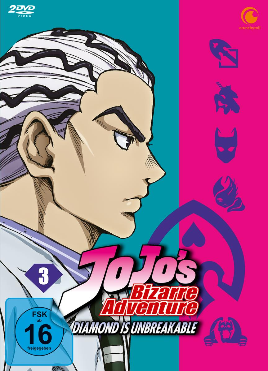 Anime-DVD-Cover: JoJo's Bizarre Adventure, Diamond is Unbreakable. Profil eines Mannes.