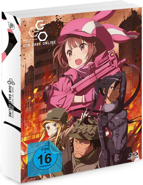 Anime-Figuren auf einer Box mit Flammen und Gebäuden im Hintergrund.
