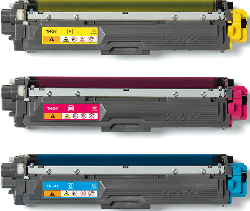 Three colored printer toner cartridges: yellow, magenta, and cyan, with the brand name 'Brother'.