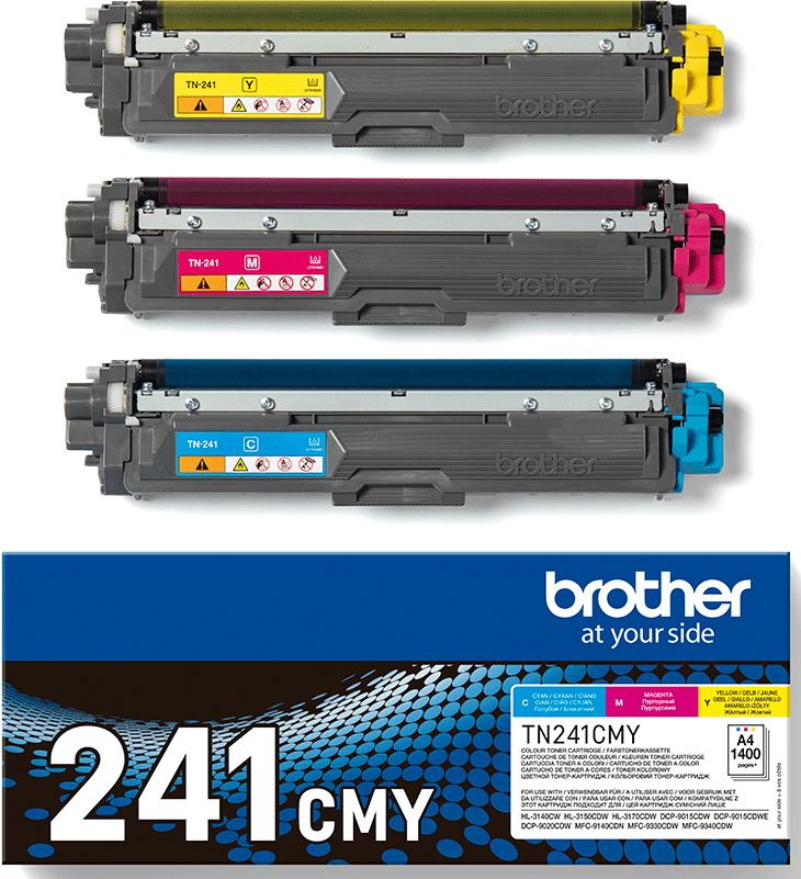 Three Brother toner cartridges: yellow, magenta, and cyan, with a box below.