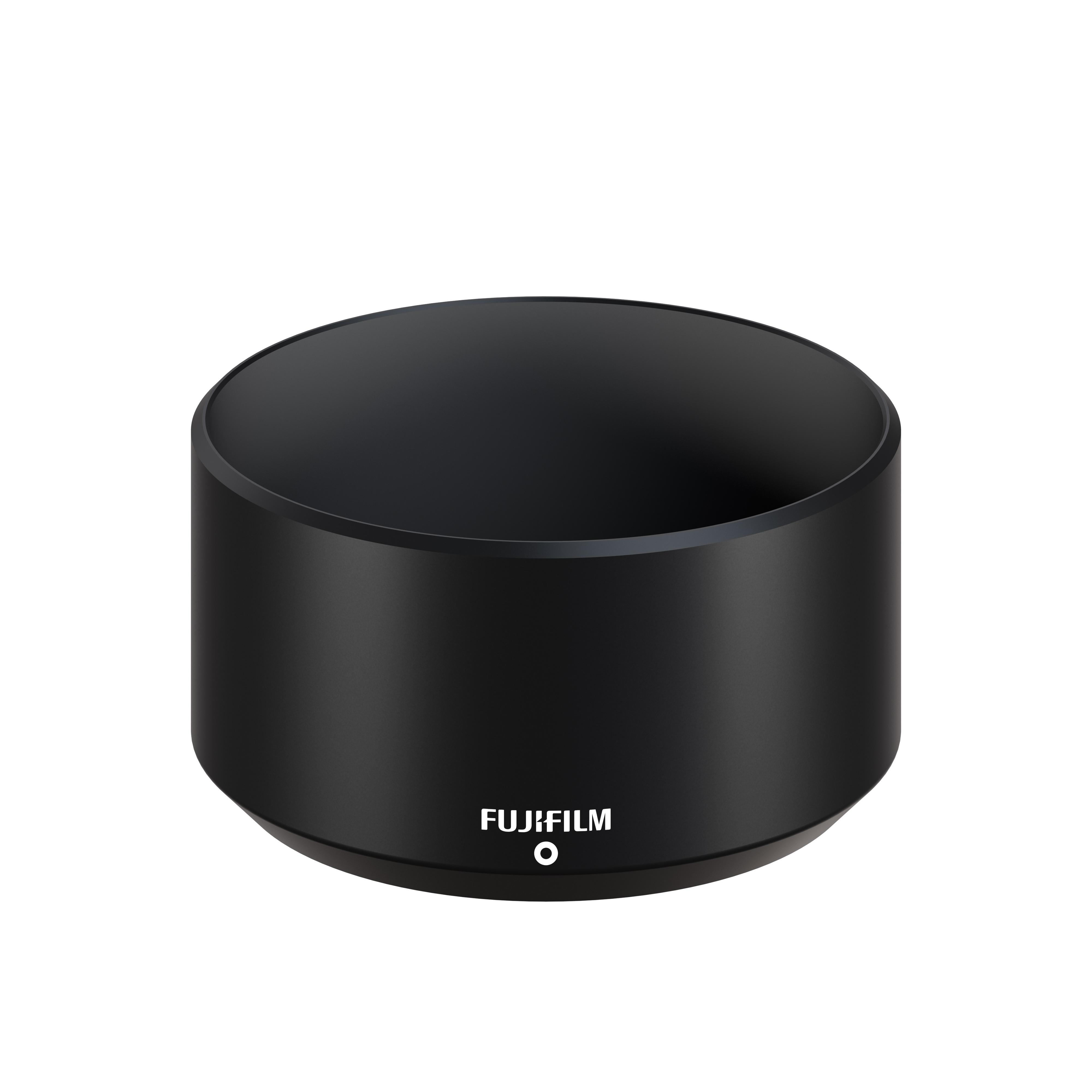 Eine schwarze Fujifilm-Objektivsonnenblende.
