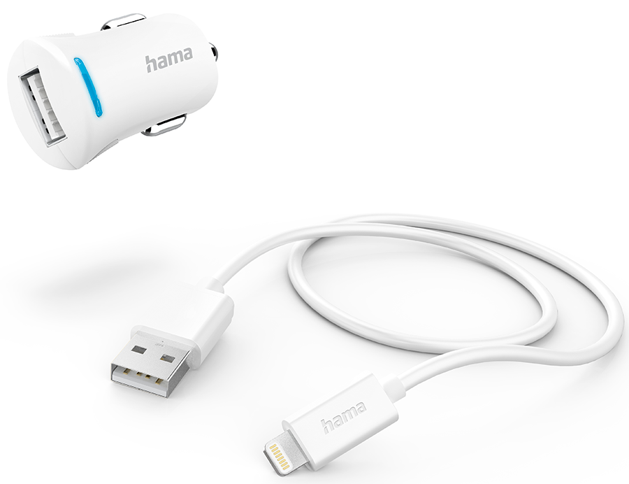 Witte autolader met een USB-poort en een witte kabel met een lightning connector.