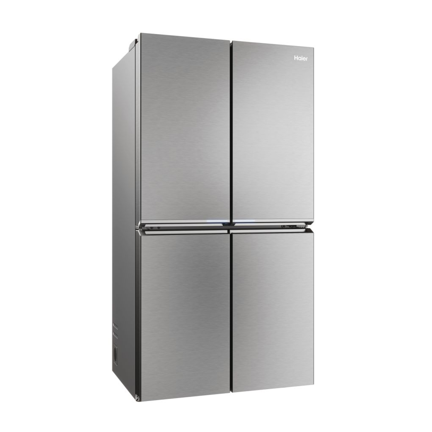 Un frigorifero Haier in acciaio inox con quattro porte su sfondo bianco.
