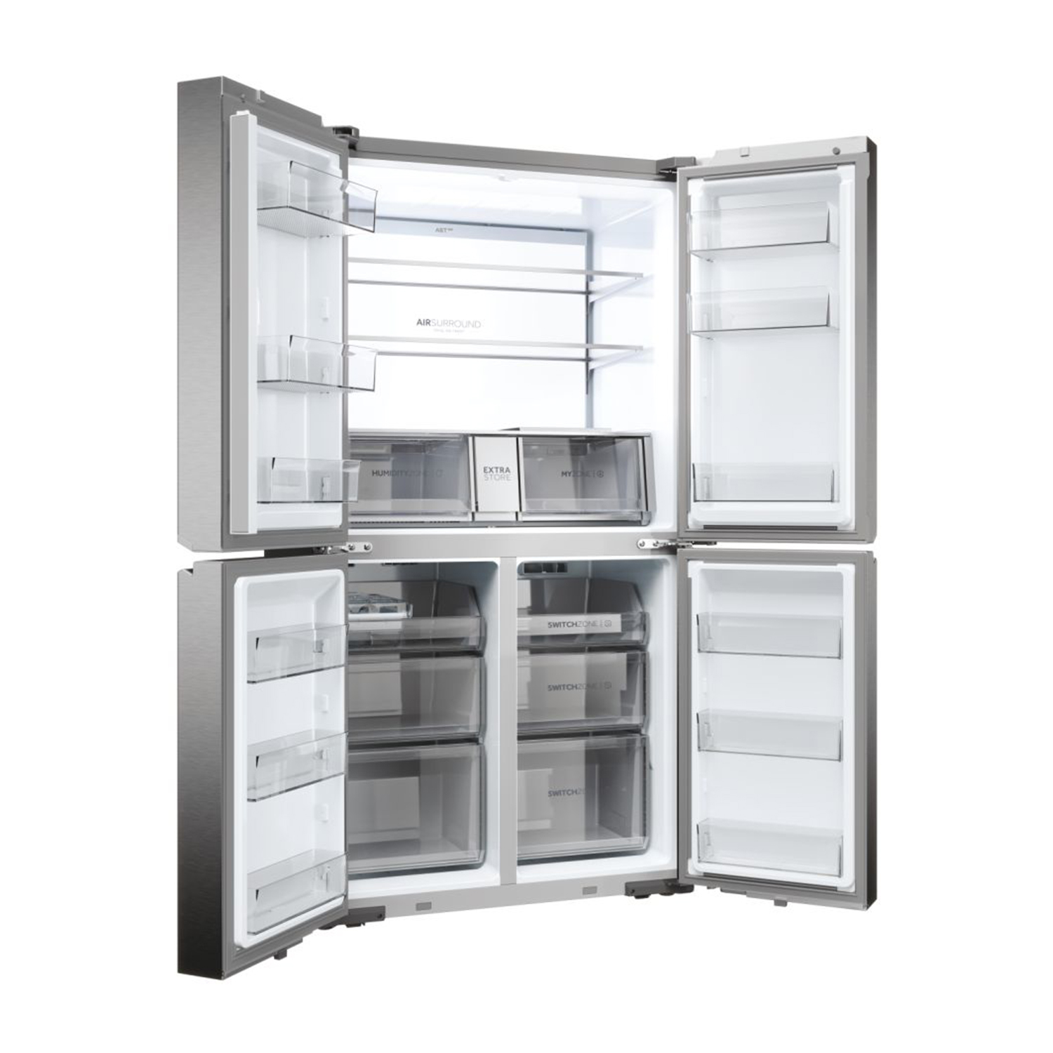 Un frigorifero argentato con ante aperte, interno bianco.