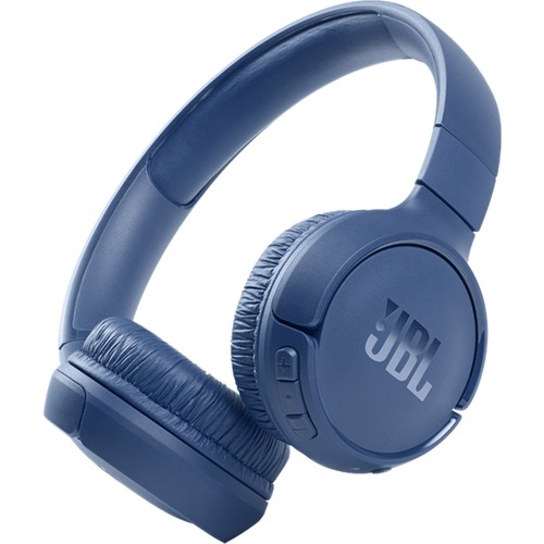 Mavi JBL kulaklık, açılı görünüm, kafa bandını ve kulaklık başlıklarını gösteriyor.