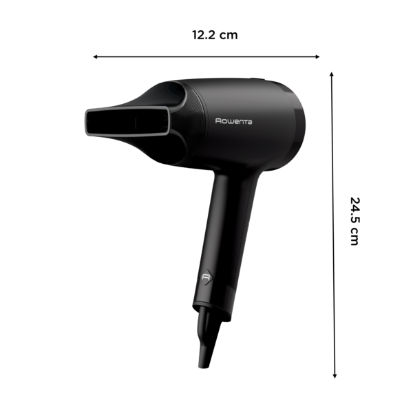 Fekete Rowenta hajszárító, 12,2 cm széles, 24,5 cm magas.