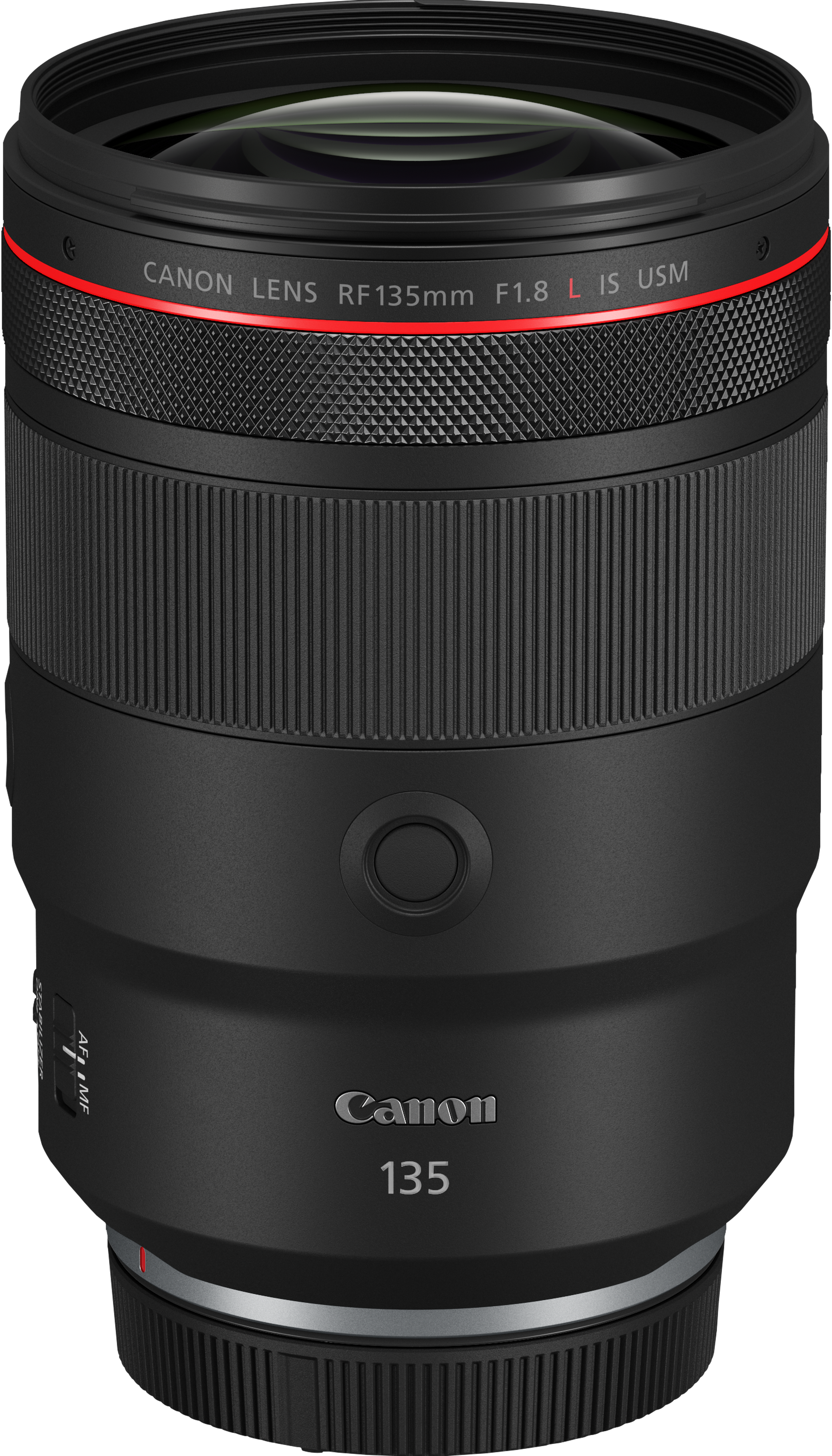 Un objectif Canon RF 135mm f/1.8 L IS USM. Il est noir avec des accents rouges et porte le logo Canon et les détails du modèle.