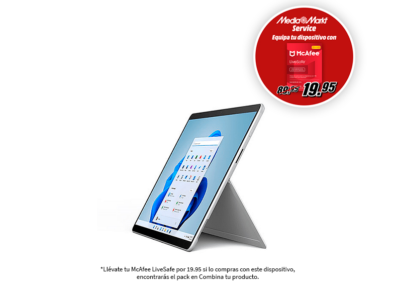 Tableta en soporte, anuncio de McAfee con etiqueta de precio.