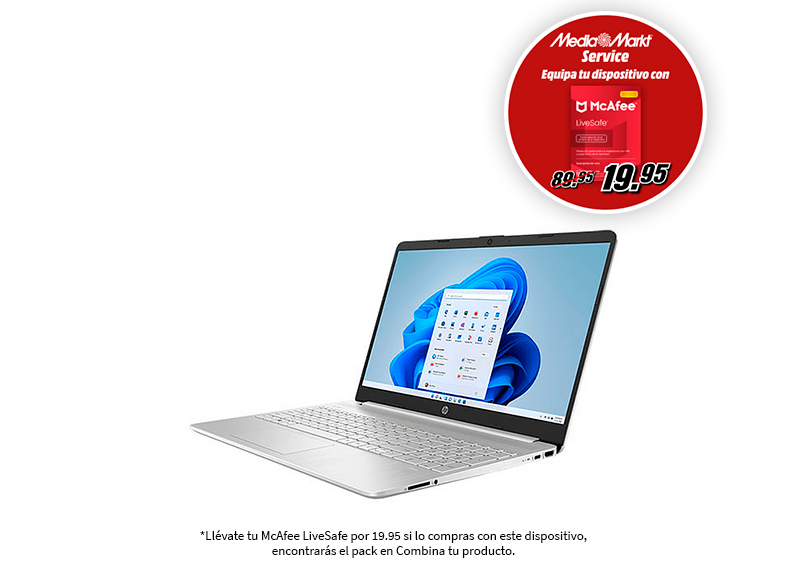 Laptop plateado sobre superficie blanca, anuncio McAfee con etiqueta.