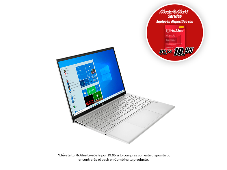 Un portátil plateado con una oferta de McAfee LiveSafe en un círculo rojo.