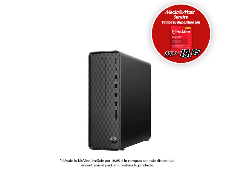 Una torre de computadora negra con una promoción de McAfee y fondo blanco.