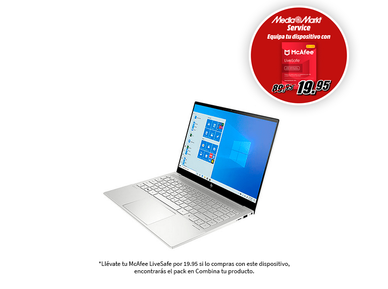 Un portátil con carcasa blanca, y una oferta McAfee LiveSafe en un círculo rojo, sobre fondo blanco.