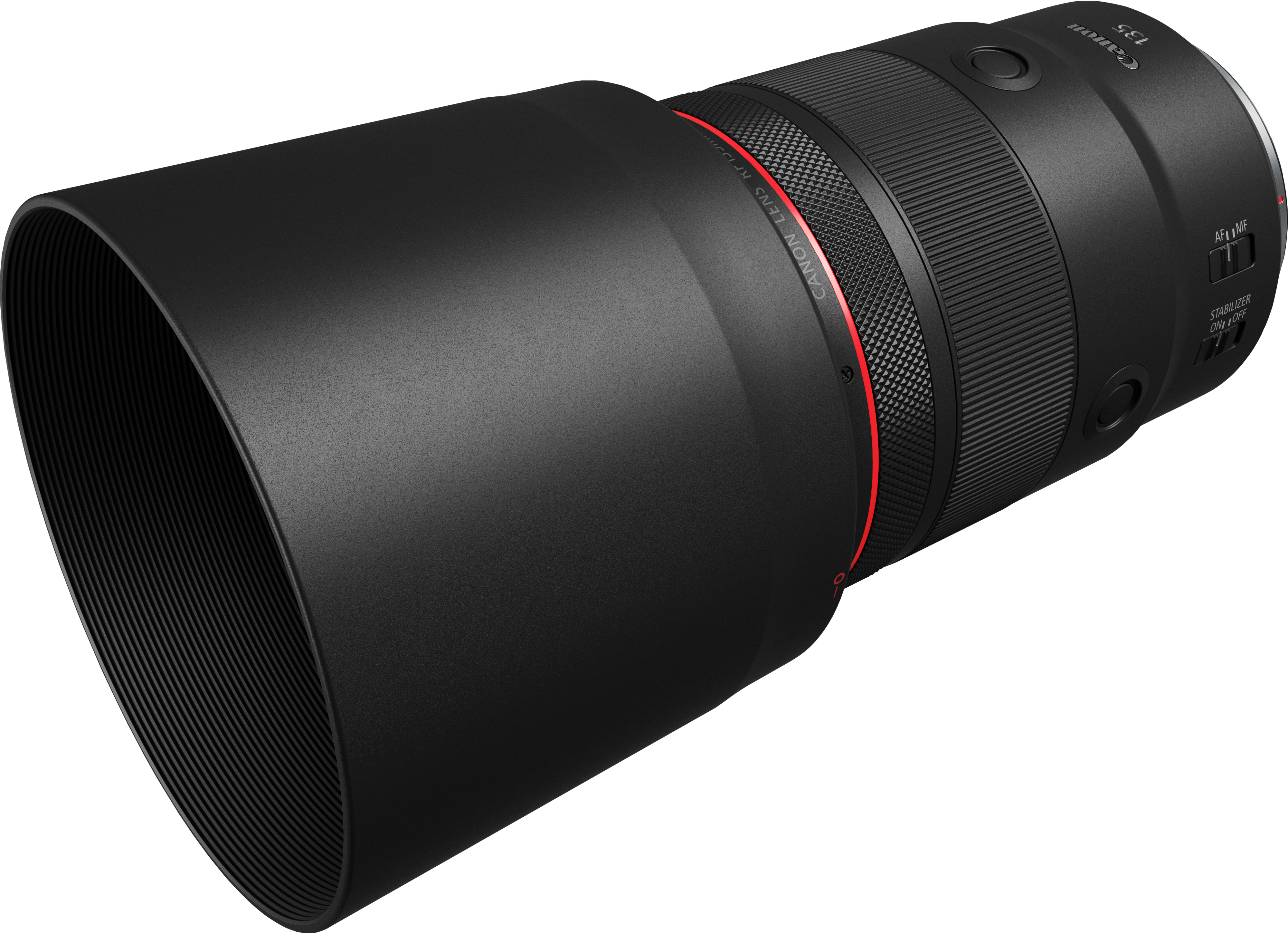 Un objectif d'appareil photo Canon noir avec un anneau rouge. Il possède un pare-soleil et plusieurs bagues et interrupteurs de contrôle.