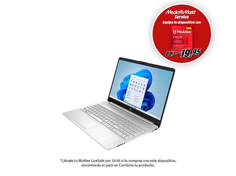 Laptop plateado con teclado blanco y oferta McAfee roja sobre fondo blanco.
