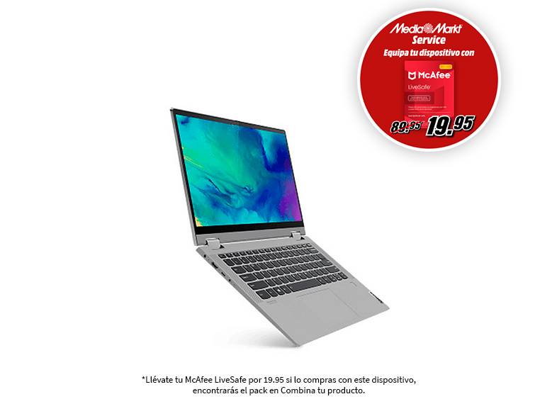 Portátil con una oferta de McAfee LiveSafe sobre un fondo blanco.