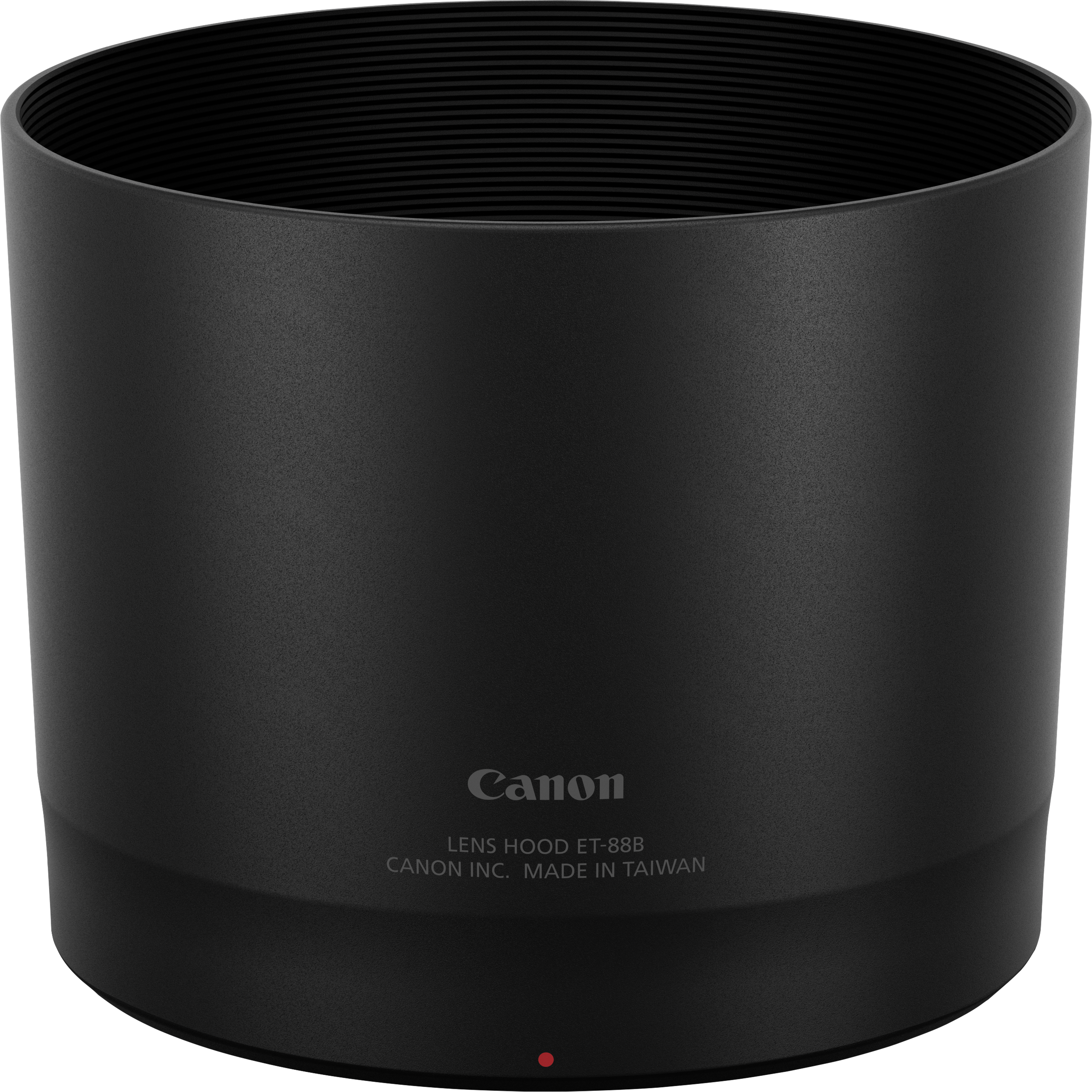 Un pare-soleil Canon noir. Il est cylindrique avec un intérieur strié. Le logo Canon est visible. Le modèle est ET-88B.