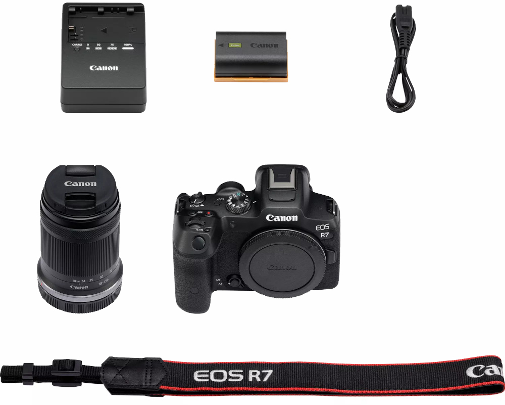 Camera en accessoires: oplader, batterij, lens, camerariem en camerabody.