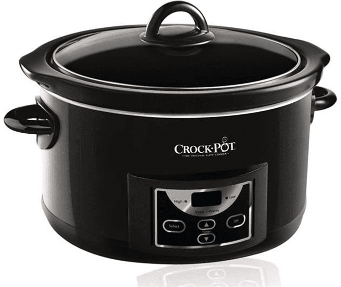 Mijoteuse Crock-Pot noire avec affichage numérique. Réglages haut, bas, chaud. Fond noir.