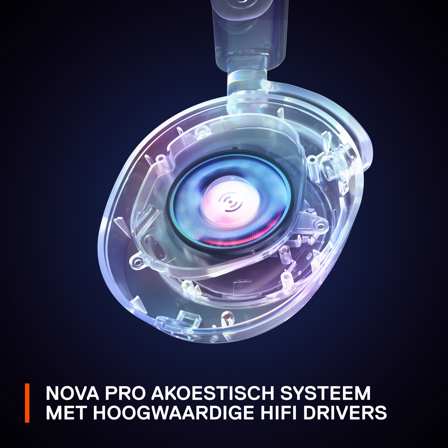 Hoofdtelefoon met een transparant ontwerp, met interne componenten met tekstoverlay.