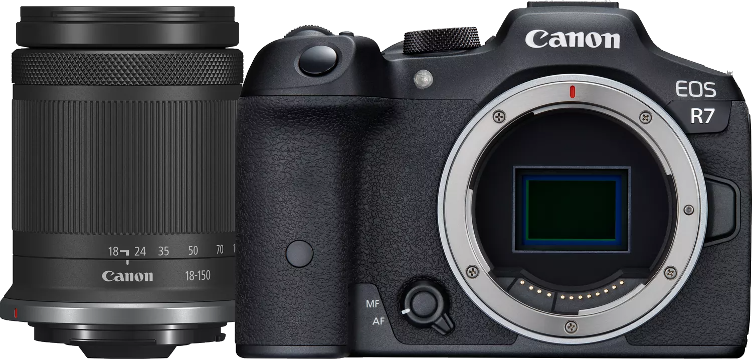 Canon EOS R7 camera met een lens bevestigd. De lens is Canon 18-150mm.