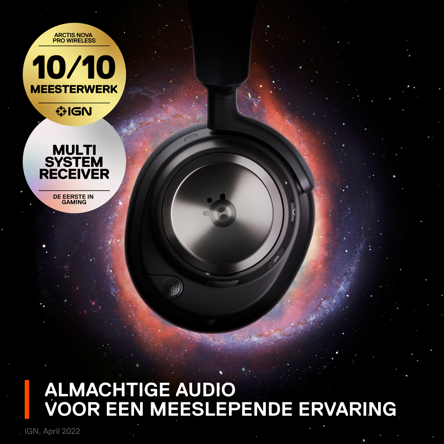 Black gaming headset on galaxy background.