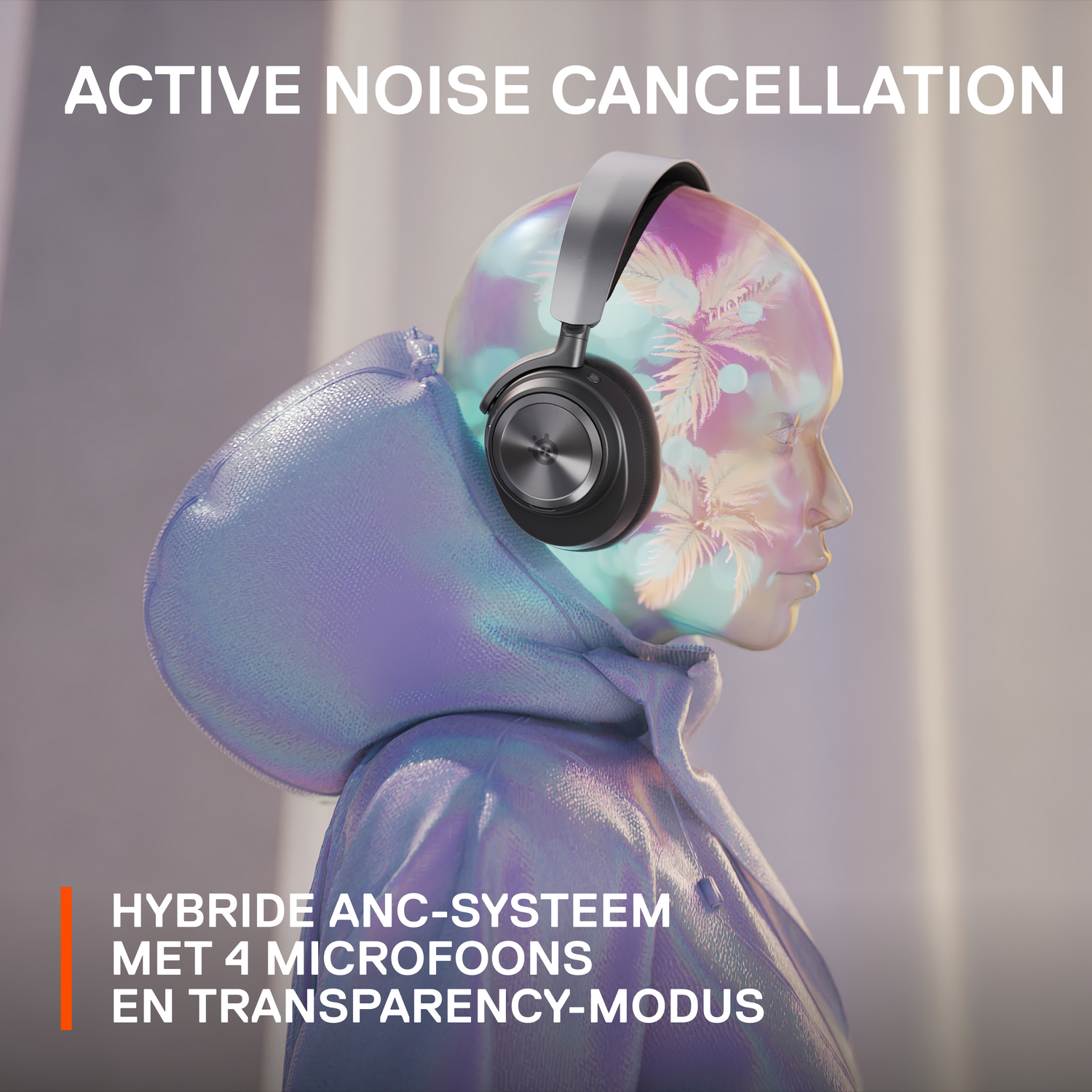 Headphones on a person with a futuristic head. Text: Active Noise Cancellation.