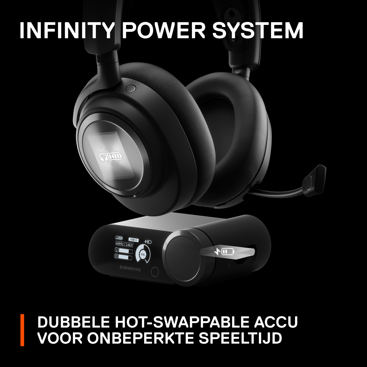 Headphones and a base station with the text 'INFINITY POWER SYSTEM' and 'DUBBELE HOT-SWAPPABLE ACCU'.