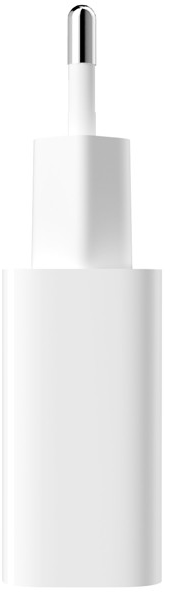 Egy fehér Apple töltő, fehér testtel és ezüst színű fém heggyel.