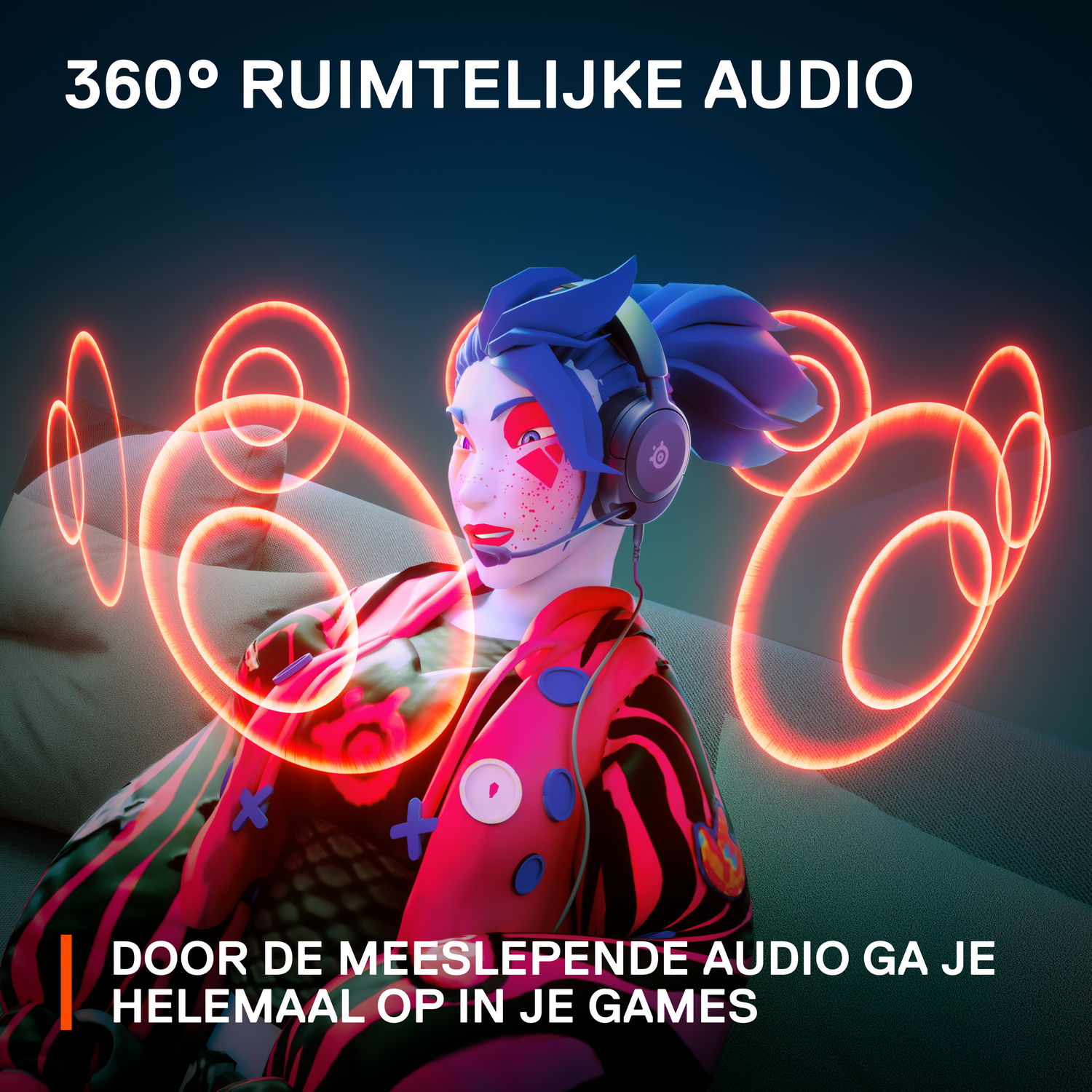 Vrouw met koptelefoon, omringd door geluidsgolven. Nederlandse tekst: 360° ruimtelijke audio.