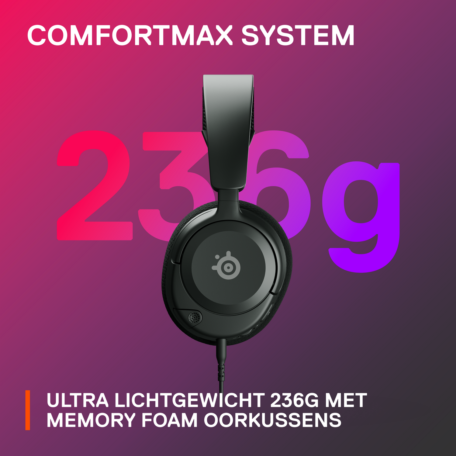 Zwarte koptelefoon, schuin, met donkere achtergrond en ComfortMax-systeem.