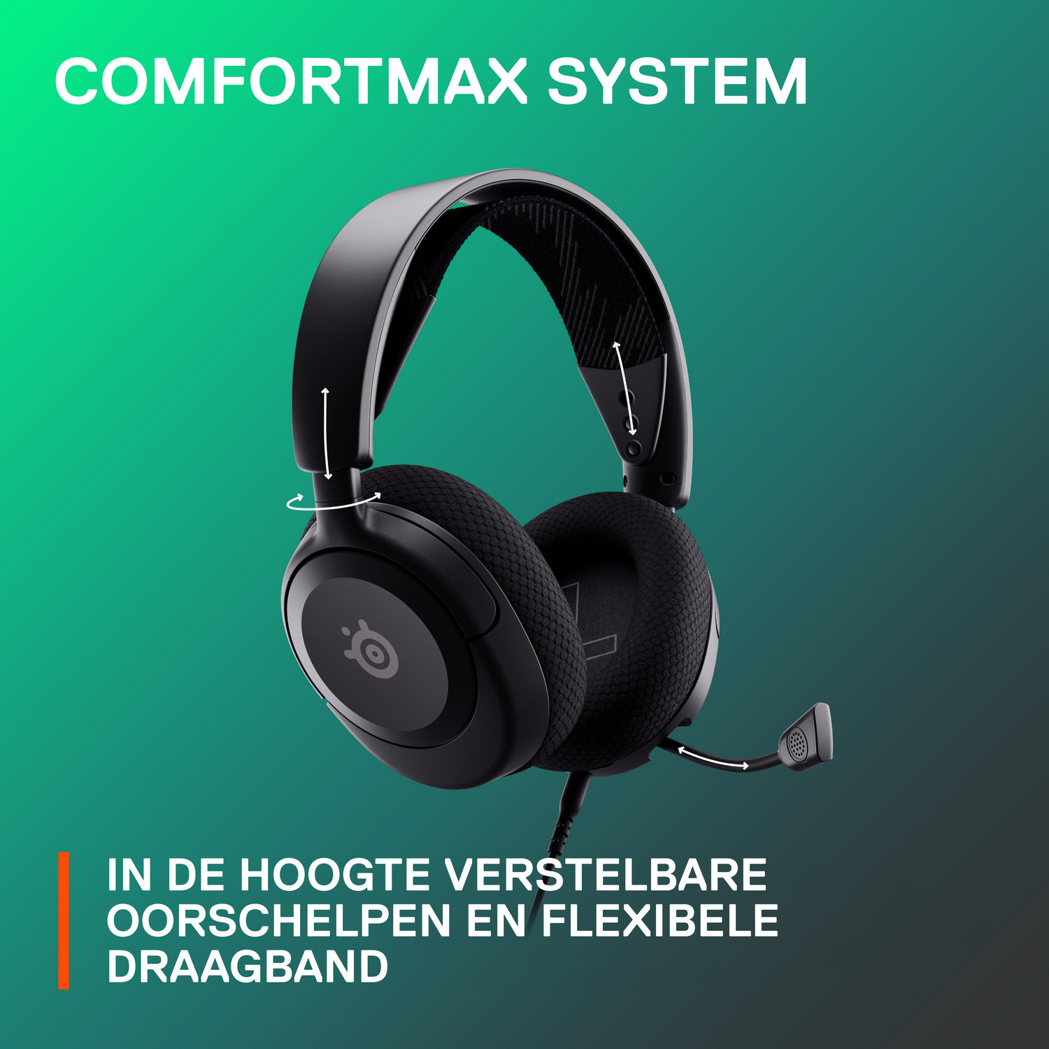 Zwarte headset met microfoon. Tekst: Comfortmax System, verstelbare oorschelpen.