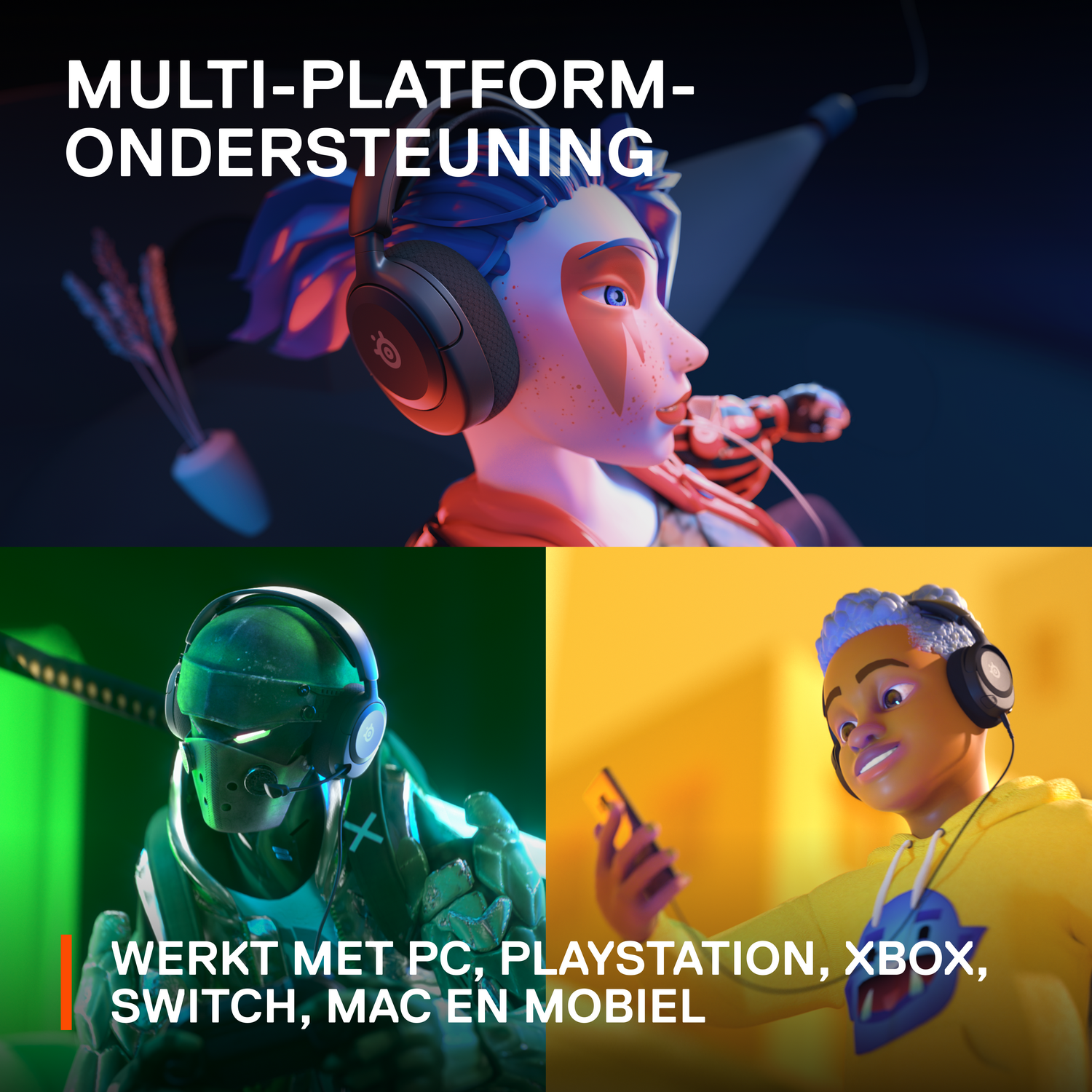 Drie verschillende afbeeldingen van videogame-personages met headsets en de tekst.