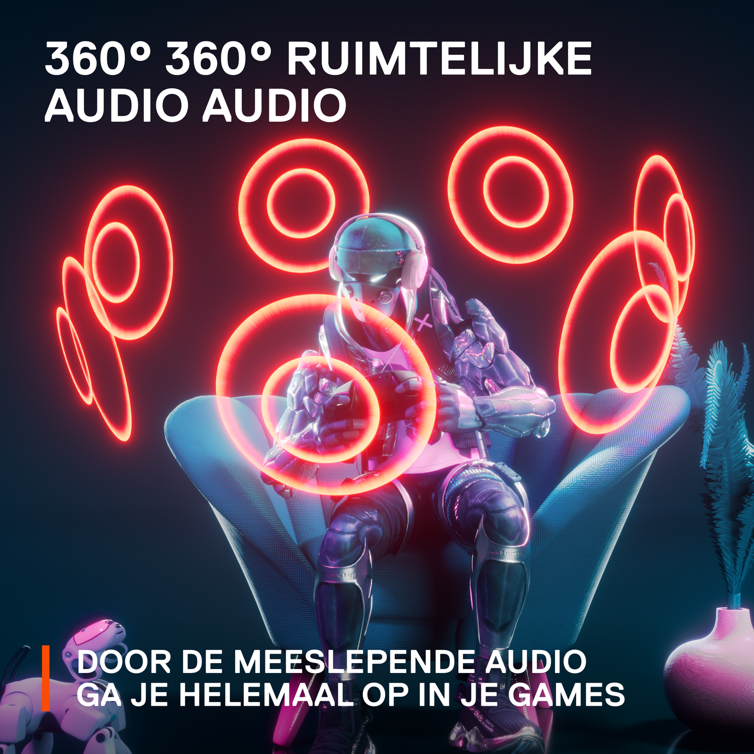 Robotachtig karakter in stoel, omringd door rode cirkels, game-advertentie.