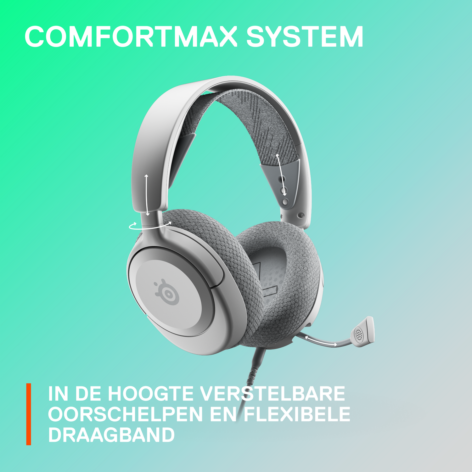 Witte en grijze koptelefoon met tekst: Comfortmax System en kabel.